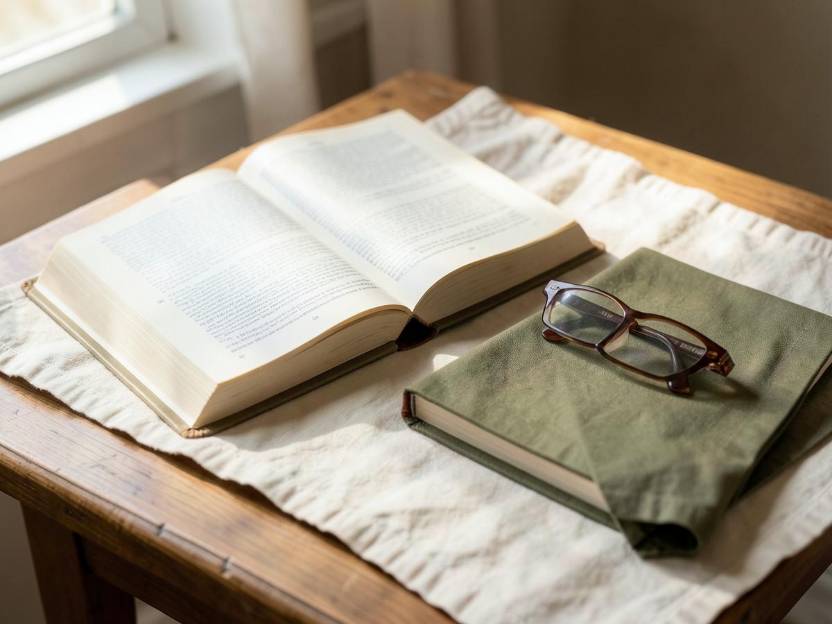 An open Bible next to a notebook and reading glasses on a linen cloth