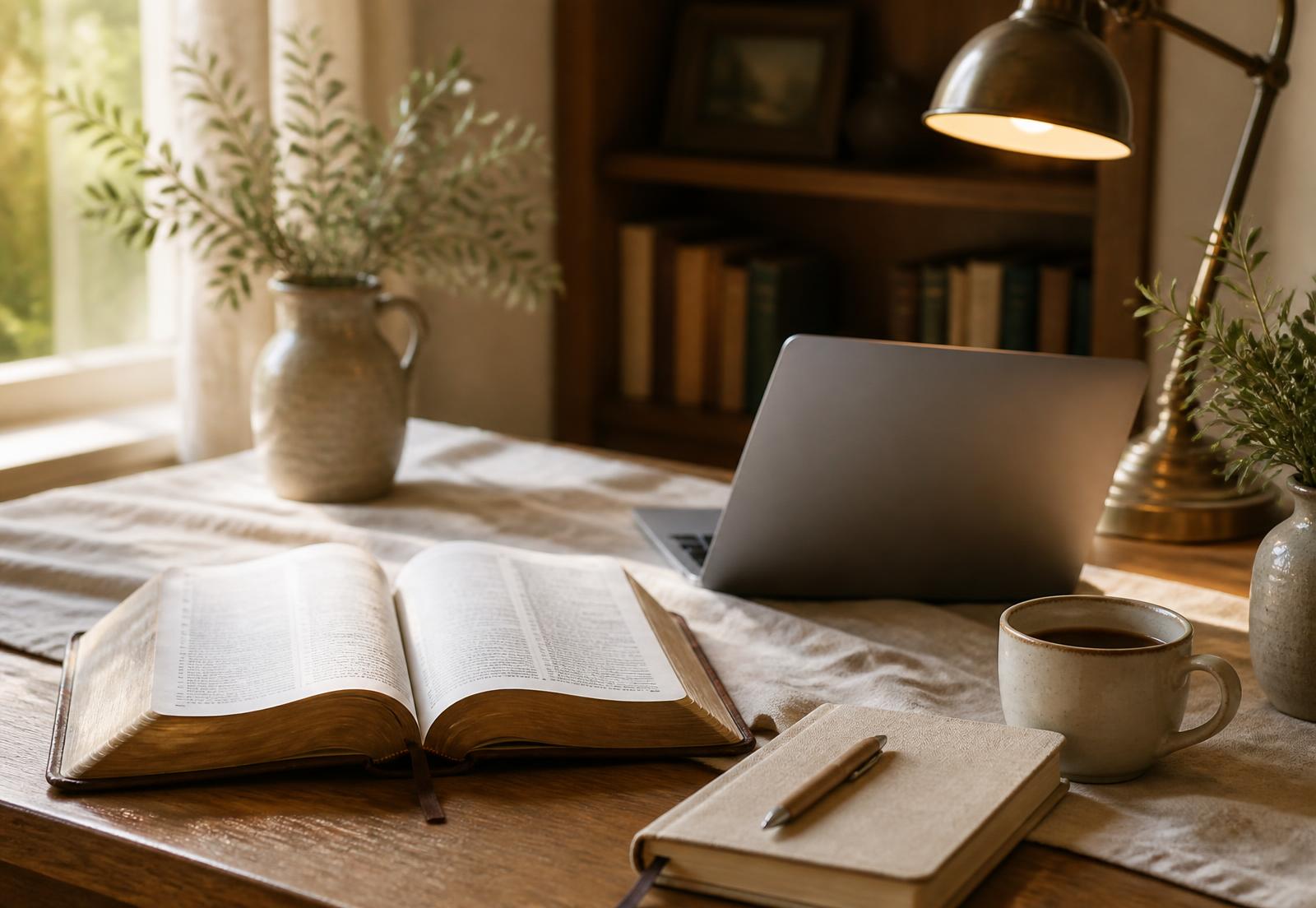 An open Bible, a laptop, a notebook and a cup of coffee on a wooden desk in warm morning light